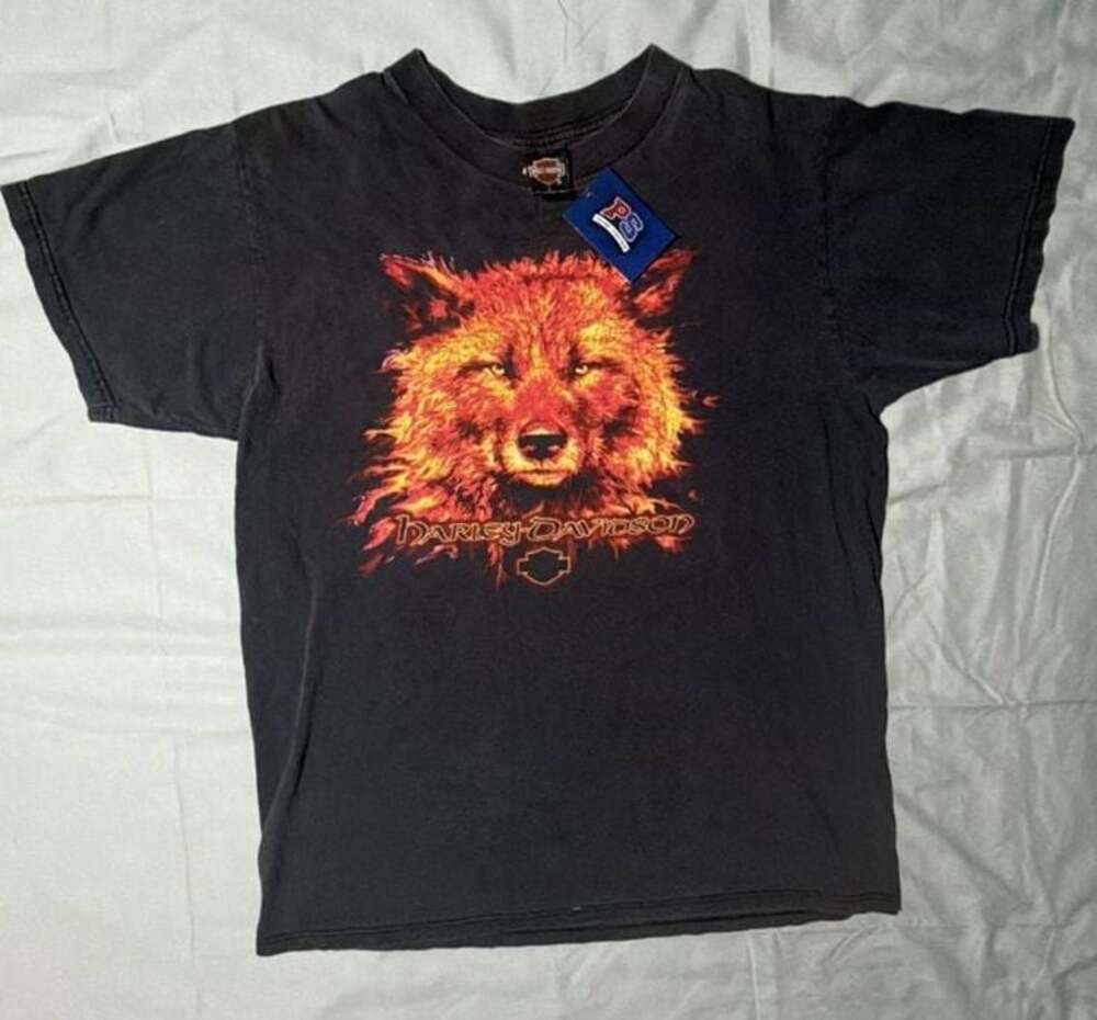 Vintage 1998 Harley-Davidson Hawkeye Coralville IA Wolf T-Shirt Size L